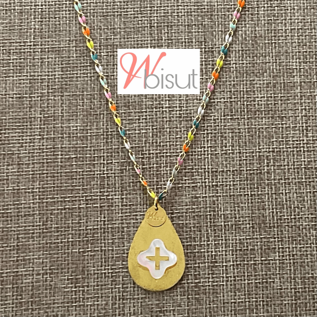 NEON NECKLACE WITH GOLDEN DROP AND MOTHER OF PEARL ICON